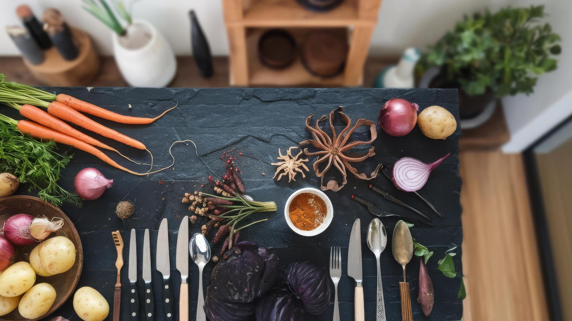 kitchen workspace with herbs and prep boards