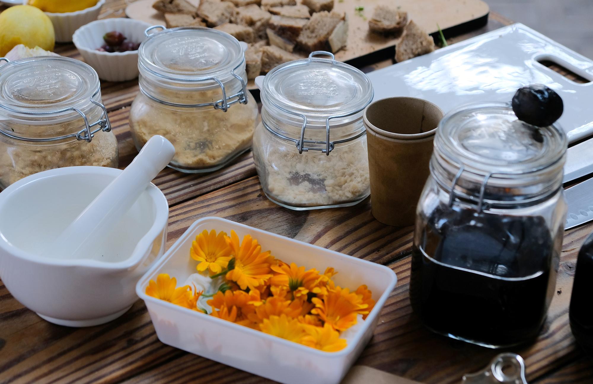 prep station with labeled containers and notes